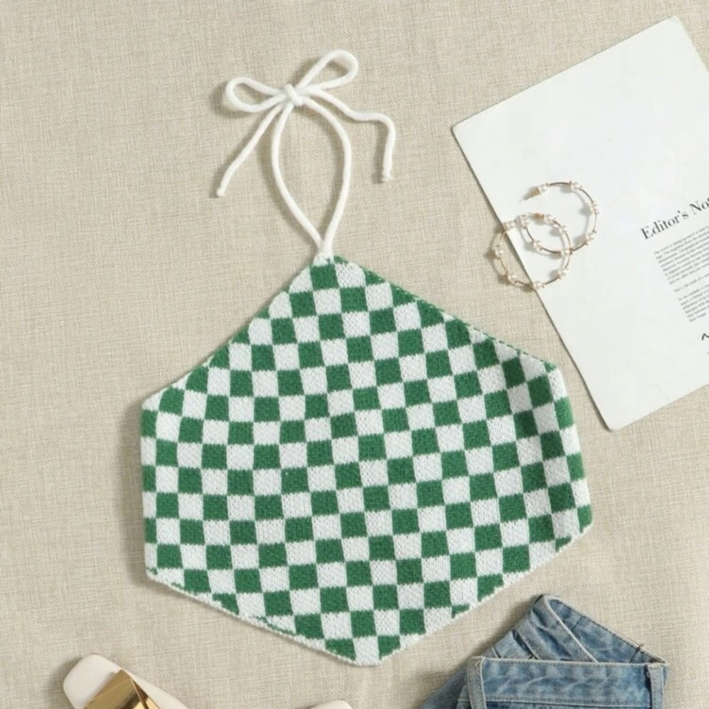 Green and White Checkered Knit Halter Top